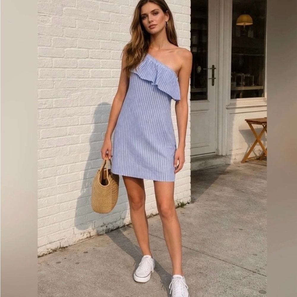 Madewell blue White one shoulder striped mini dress linen cotton blend sz L